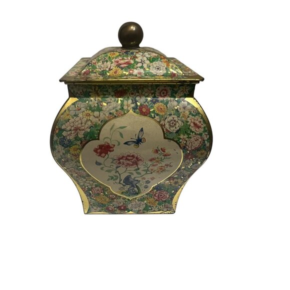 Vintage Holland Floral Tin Tea Caddy With Lid & Gold Accents - Picture 1 of 7
